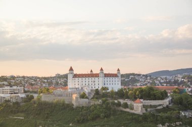 Güneşli bir yaz gününde Bratislava, Slovakya eski kasabasında Tuna kıyısında Bratislava kale güzel görünümü