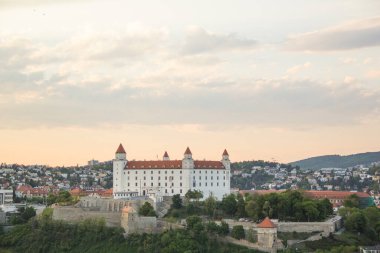 Güneşli bir yaz gününde Bratislava, Slovakya eski kasabasında Tuna kıyısında Bratislava kale güzel görünümü