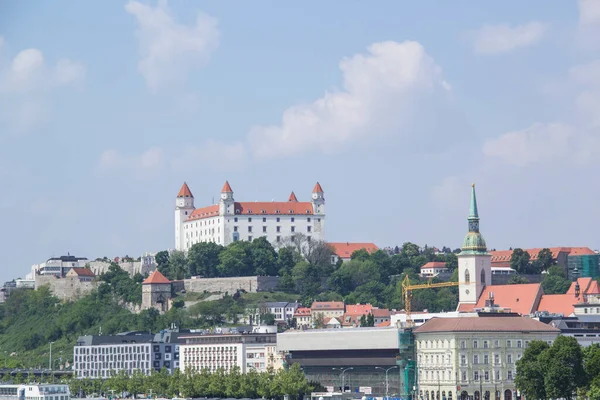 Beautiful view of the Bratislava castle on the banks of the Danube in the old town of Bratislava, Slovakia on a sunny summer day