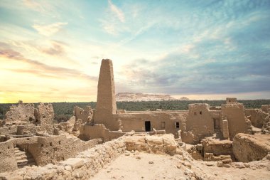 Mısır 'ın Siwa Oasis kentindeki Kâhin Tapınağı yakınlarındaki Aghurmi Camii' nin güzel manzarası.