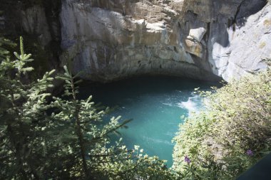 Alberta, Kanada 'daki Banff Ulusal Parkı' ndaki Johnston Kanyonu 'nun güzel manzarası