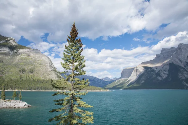 Kanada 'daki Banff Ulusal Parkı' ndaki Minnewanka Gölü 'nün güzel manzarası