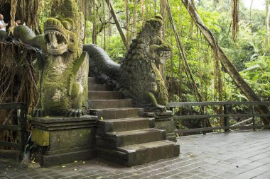 Endonezya 'nın Bali adasında, Ubud' daki maymun ormanında heykellerle güzel bir merdiven manzarası.