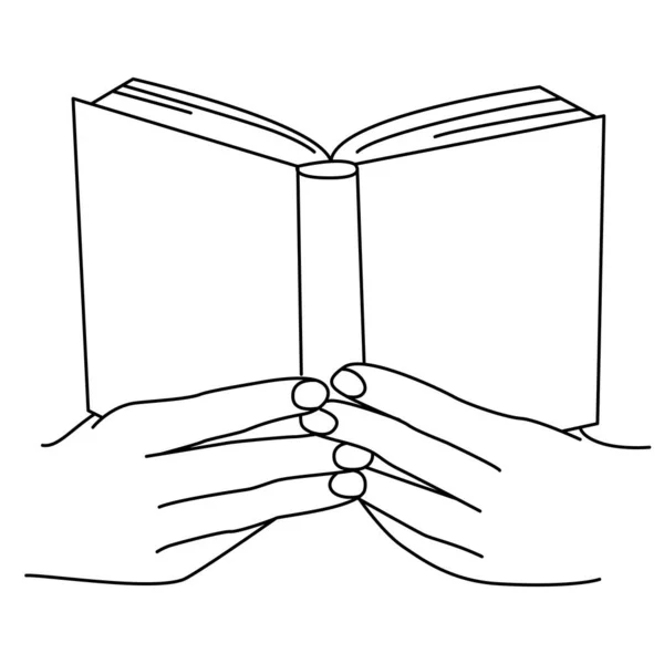 Manos Sosteniendo Libro Ilustración Lineal Vectorial — Vector de stock