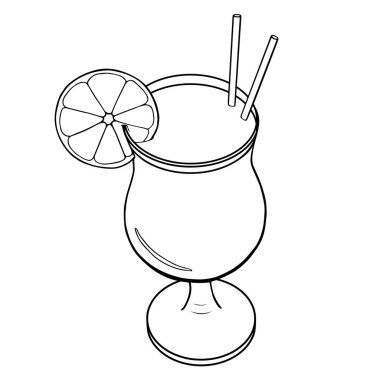 Bardağın kenarında bir kokteyl, iki pipet ve bir limon veya portakal, doğrusal vektör çizimi.