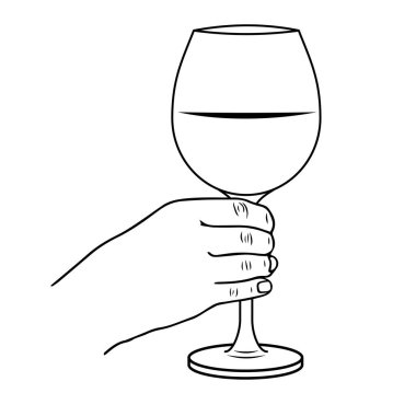 Elde şarap ya da şampanya kadehi, doğrusal vektör çizimi