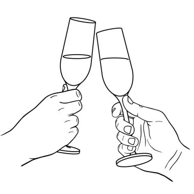 Şarap ya da şampanya kadehleriyle tıklamalar, vektör doğrusal illüstrasyon