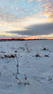 Gün batımında karlı bir tarla üzerinde çeşitli yollar ve arka planda birkaç ağaç var..
