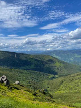 Yeşil Çimenli Dağ Manzarası ve Mavi Gök Altında Beyaz Bulutlu Ağaçlar