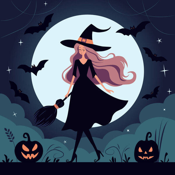 Witch with Broom, Bats, and Pumpkins under the Full Moon, Halloween vector illustration