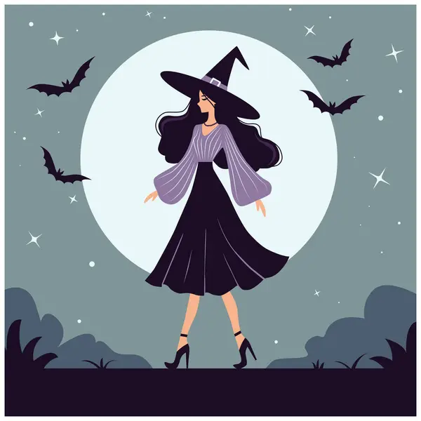 Dolunay ve Uçan Yarasalarla Şapkalı Cadı, vektör