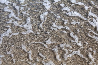 Çakıl taşlı kıyı şeridi üzerinde köpüklü okyanus suyu. Yakın plan.