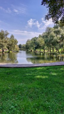 Scenic Park Lake with Wooden Walkway and Lush Greenery on a Sunny Day clipart