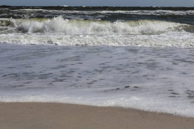 Dynamic ocean waves crashing onto a sandy shore, creating frothy foam patterns under a bright sunny sky clipart