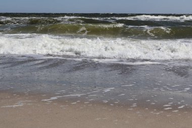 Dalgalar beyaz köpükle Sandy Shoreline 'a çarpıyor. Parlak mavi bir gökyüzü altında köpük desenleri yaratan, ıslak kumun üzerinde dalgaların dalgalandığı canlı bir kıyı sahnesi.