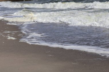 Foamy Waves Washing Over Sandy Beach. Close-up of ocean waves creating frothy foam as they gently reach the shore, capturing the calming rhythm of coastal nature. clipart