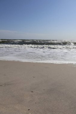 Nazik Okyanus Dalgalarıyla Sakin Kumsal. Pürüzsüz kumlu kıyı şeritleri ve parlak mavi gökyüzü altında hafif dalgaların olduğu sakin bir sahil sahnesi, doğa ve seyahat temalı kullanımlar için mükemmel..