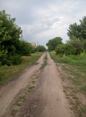 Dirt road leading through greenery in a rural area under a cloudy sky. Countryside pathway and nature landscape. Tranquil village life concept for design and print clipart