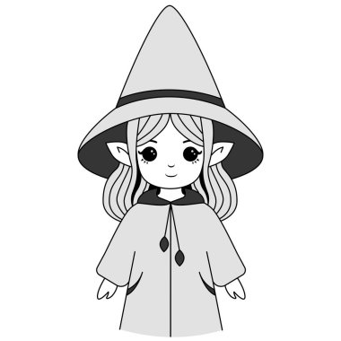 Sivri şapkalı ve pelerinli uzun saçlı tatlı cadı kız. Siyah beyaz karikatür çizimi. Tasarım ve baskı için Cadılar Bayramı ve fantezi karakter kavramı