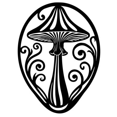 Oval çerçevede dekoratif girdaplı mantar. Beyaz arka planda siyah ve beyaz vektör çizimi izole edildi. Botanik mantar ve dövme ve parmak izi tasarımı için doğa süsü konsepti. Poster, etiket, tebrik kartı, davetiye için tasarım