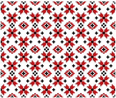 Kırmızı siyah geleneksel Ukrayna piksel nakış deseni. Geleneksel Ukrayna halk motifleri ve tekstil veya tasarım için geometrik çiçek sembolleriyle kusursuz kırmızı ve siyah piksel nakış deseni.