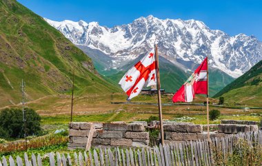 Georgia ve Svaneti 'nin bayrağı Shkhara' nın karlı zirvesinin arka planında. Arka plan bulanık..