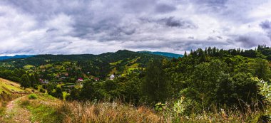 Karpatlar 'ın Panorama' sı. Dağlar ormanla kaplı. Mavi gökyüzü beyaz bulutlarla..