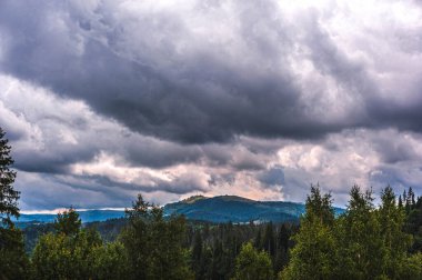 Karpatlar 'da yaz sabahı. Dağın manzarası. Güzel gri gökyüzü ve yağmur bulutları. Boşluğu kopyala.
