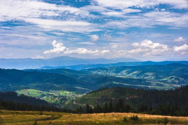 Karpatlar 'da yaz günü. Dağ manzarası. Ormanlar dağların yamaçlarında yetişir. Bulutlu güzel bir gökyüzü. Boşluğu kopyala.
