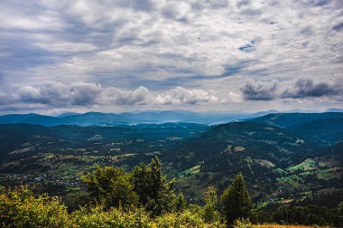 Karpatlar 'da yaz günü. Dağ manzarası. Ormanlar dağların yamaçlarında yetişir. Bulutlu güzel bir gökyüzü. Boşluğu kopyala.