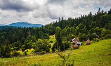 Karpatlar 'da dağlar ve bulutlu gökyüzü. Dağ manzarası. Samanlıklar. Ormanlar dağlarda yetişir. Boşluğu kopyala.