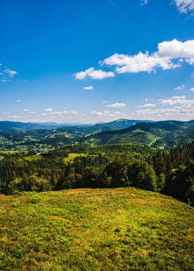 Karpatlar 'da yaz günü. Dağ manzarası. Ormanlar dağların yamaçlarında yetişir. Bulutlu güzel bir gökyüzü. Boşluğu kopyala.