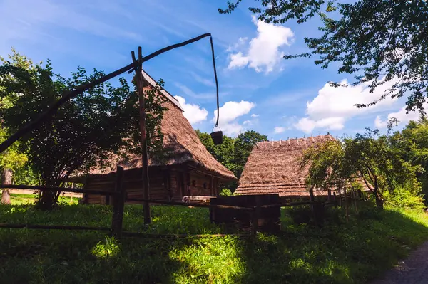 Mavi gökyüzüne karşı sazdan çatılı ve kuyusu olan 18. yüzyıldan kalma bir kulübe. Ukrayna 'nın batı bölgelerinde halk mimarisi manzaraları.