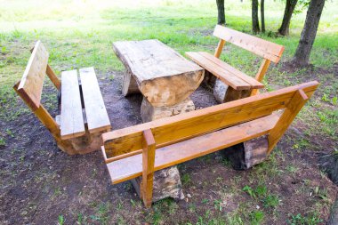 Baharda parktaki tahta banklar ve masa.