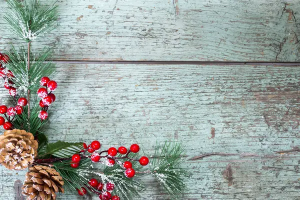 Çam ağacı, ahşap kiremitler ve böğürtlenlerle Noel arkaplanı