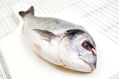 Beyaz bir arka planın izolasyonunda kesme tahtasındaki taze deniz çipurası