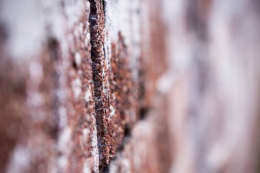 Beyaz betonlu eski kırmızı tuğla duvar. Ayrıntılara odaklan.