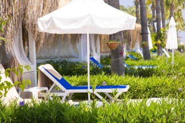 Lüks plaj yatakları tatil köyünde.