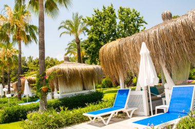 Lüks plaj yatakları tatil köyünde.