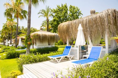 Lüks plaj yatakları tatil köyünde.