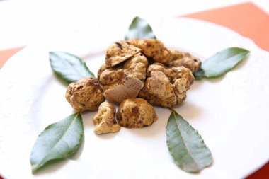 Tabağında yapraklar olan lezzetli trüf mantarları.