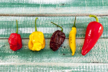 Ahşap arka planda çok acı biber var.