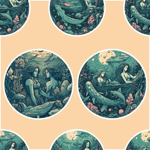 Подводный Мир Рисунком Русалок Маленькие Милые Русалки — стоковое фото