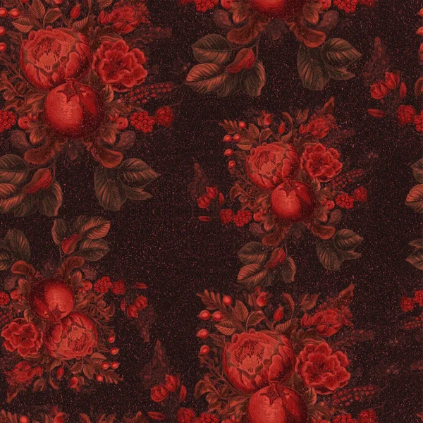 Pomegranate Fruit Branch Leaves Flowers Seamless Pattern Illustration White Background — Stock Photo, Image