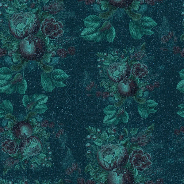 Pomegranate Fruit Branch Leaves Flowers Seamless Pattern Illustration White Background — Stock Photo, Image