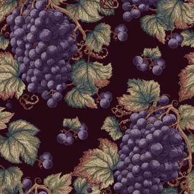 Suluboya üzüm, arka planda yapraklar. Kusursuz desen. Vejetaryen yemekleri. Taze meyve, doğal böğürtlen. Suluboya botanik çizimi