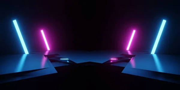 Rendering Spaceship Corridor Neon Glowing Blue Purple Background Futuristic Cyberpunk — Stock Photo, Image