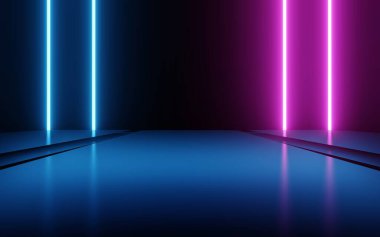 Uzay gemisi koridorunun 3D görüntülemesi neon mavisi parlak mor arka plan fütüristik. Siber punk konsepti. Reklamcılık, sergi salonu, teknoloji, gelecek, modern, spor, metaevren. Bilim Kurgu İllüstrasyonu