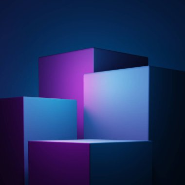 Mor ve mavi soyut geometrik arkaplanın 3D görüntüsü. Reklam, teknoloji, vitrin, afiş, oyun, spor, kozmetik, iş, metaevren sahnesi. Bilim-Kurgu İllüstrasyonu. Ürün görüntüsü