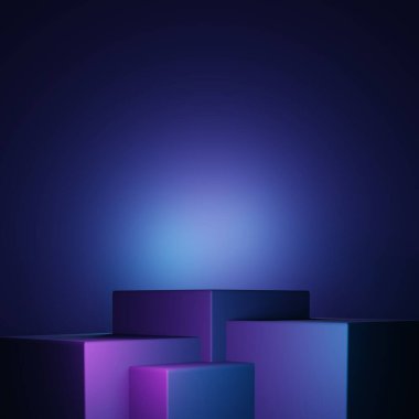 Mor ve mavi soyut geometrik arkaplanın 3D görüntüsü. Reklam, teknoloji, vitrin, afiş, oyun, spor, kozmetik, iş, metaevren sahnesi. Bilim-Kurgu İllüstrasyonu. Ürün görüntüsü